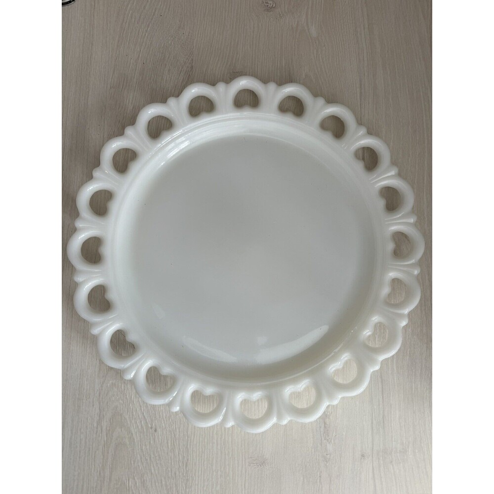 Anchor Hocking Old Colony Cake Serving Platter 13" Milk Glass Open Lace Edge